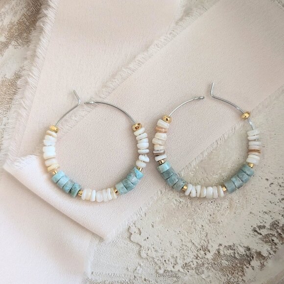 Aqua Amazonite and Shell with Gold Steel Hoop Handmade Earrings - Picture 1 of 4